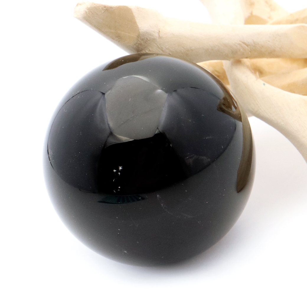 GOLD STONE モリオン 黒水晶 丸玉 木製台座付き 直径 50mm 山東省産