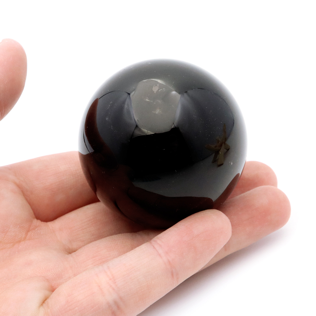 GOLD STONE モリオン 黒水晶 丸玉 木製台座付き 直径 50mm 山東省産