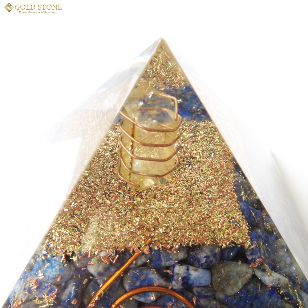 GOLD STONE ラピスラズリ使用 水晶単結晶入り オルゴナイトピラミッド
