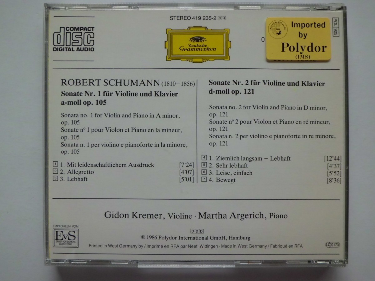 Schumann / Violin Sonatas / Gidon Kremer, Martha Argerich // CD