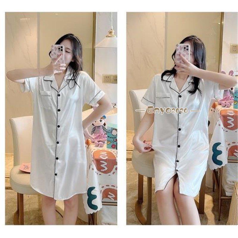  negligee lady's pyjamas contact cold sensation One-piece shirt One-piece front opening short sleeves folding collar knees height smooth nightwear easy thin plain stylish 