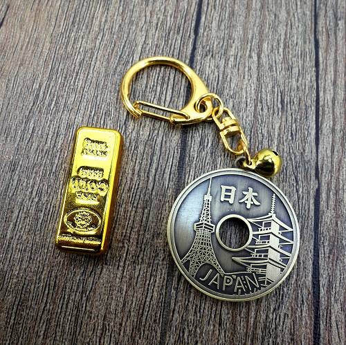 五円硬貨 金色 花模様 ギザギザ 五円玉キーホルダー 金塊レプリカ付き KH-090 5円玉 硬貨 コイン