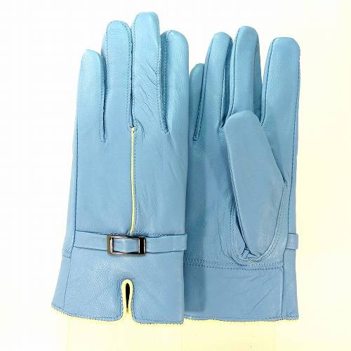 手袋 レディース レザー 羊革 裏起毛入り 白ライン 水色 本革 本皮