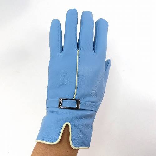 手袋 レディース レザー 羊革 裏起毛入り 白ライン 水色 本革 本皮