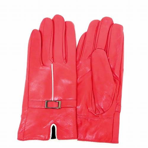 手袋 レディース レザー 羊革 裏起毛入り 白ライン 赤っぽいピンク系