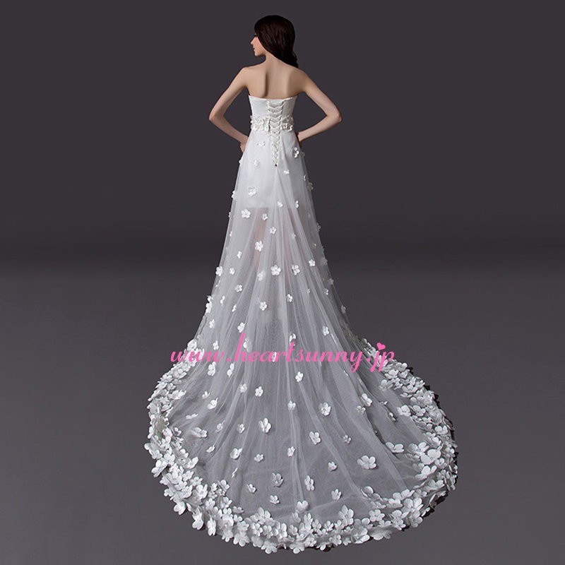 ウェディングドレス 花飾り レース ハイロードレス ロングトレーン