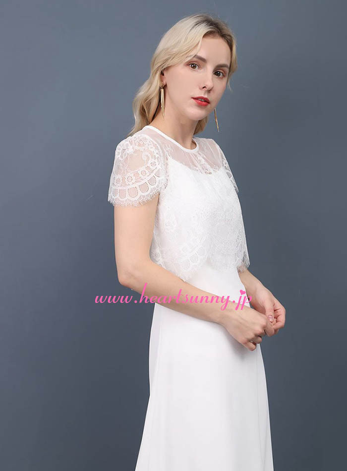 結婚式ボレロ レースボレロ 丸首 透明 花柄レース フレンチ袖 ホワイト
