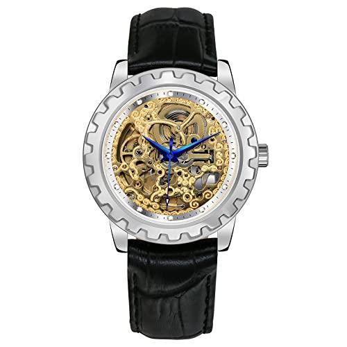 即購入可★ BERNY スケルトン腕時計 メンズ 自動腕時計 機械式 防水 自動巻き シルバーステンレススチールケース ブラックレザーバンド 【2321249606】(11790円)