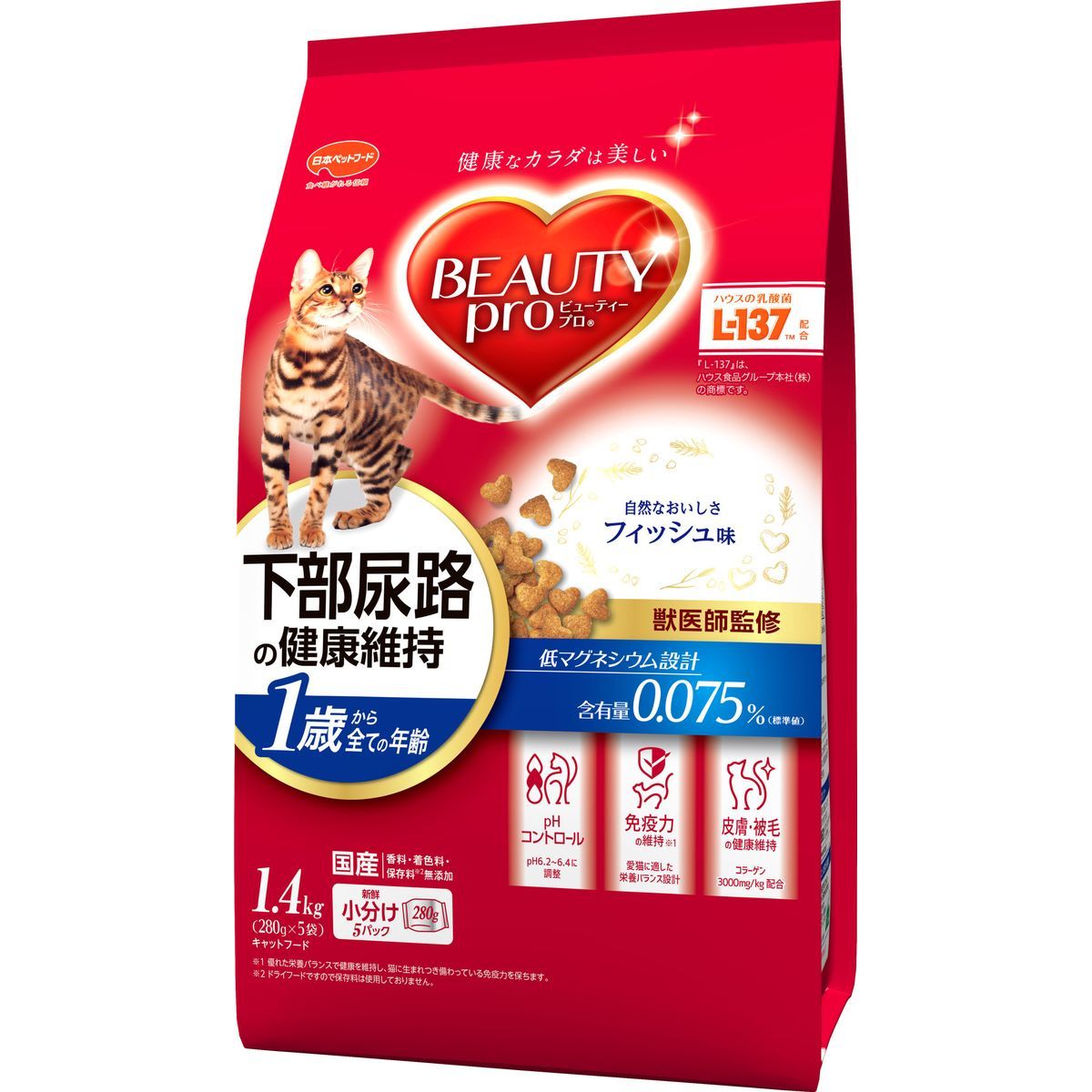 日本ペットフード ビューティープロ キャット 猫下部尿路の健康維持 1歳から フィッシュ味 1.4kg（280g×5袋）×8個 ビューティープロ 猫用ドライフードの商品画像