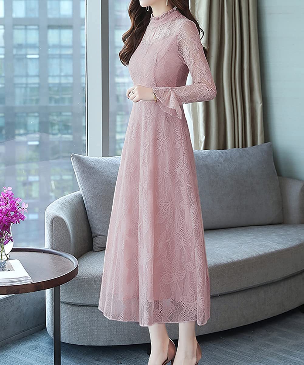 【美品】フォクシー ローウエストフレア ワンピースドレス 半袖 ベージュピンク ワンピース レディース レース ロング フリル ドレス 長袖