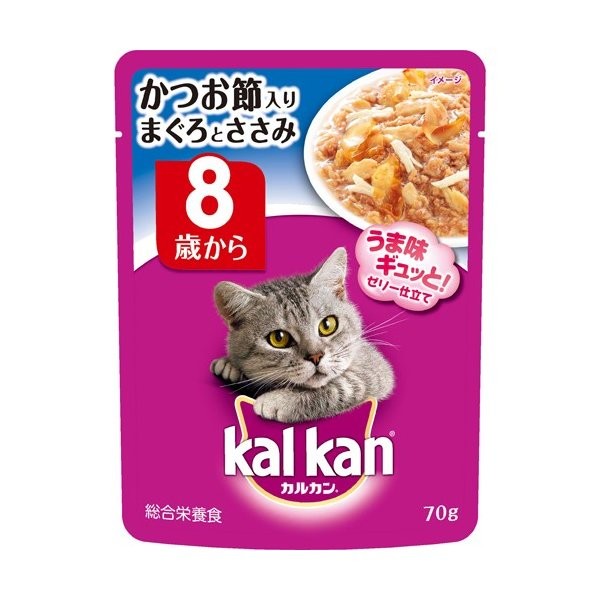 MARS（ペット用品、食品） カルカン パウチ 8歳から かつお節入りまぐろとささみ ジューシーゼリー仕立て 70g×1個 カルカン 猫缶、ウエットフードの商品画像