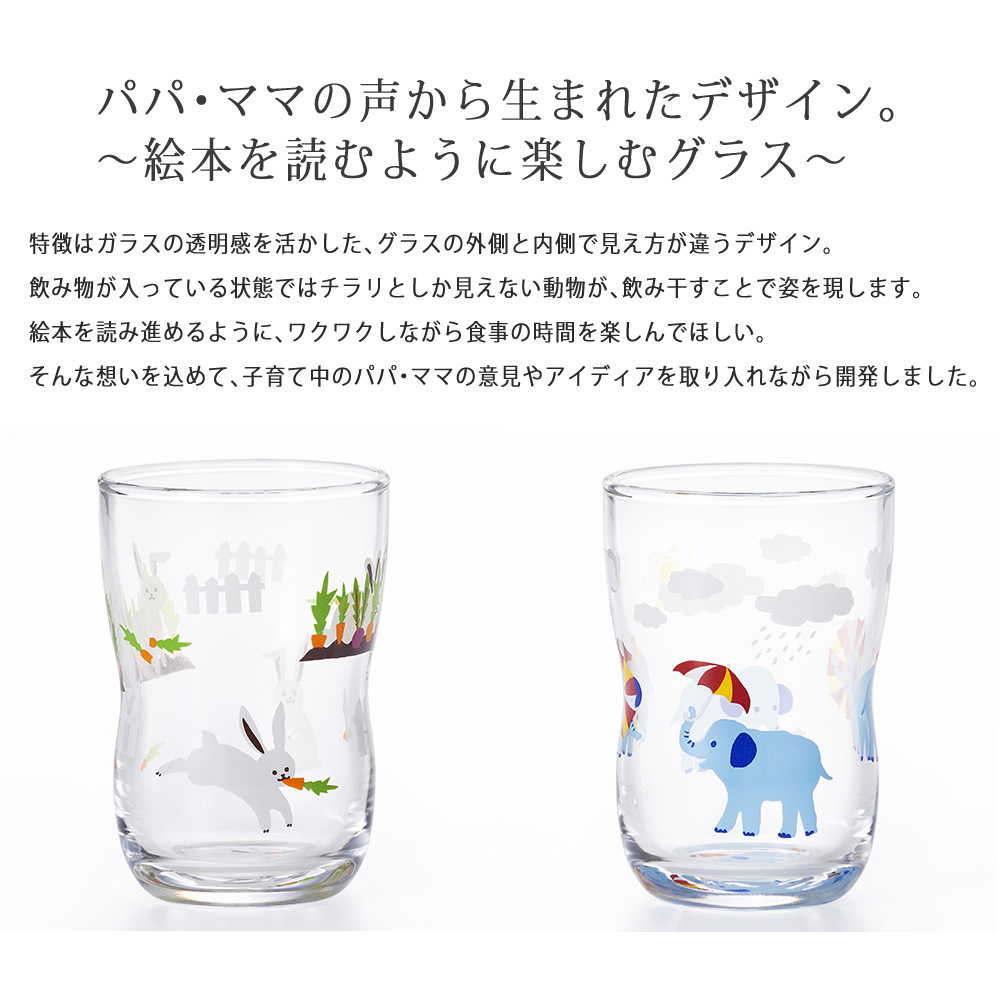 セット アデリア つよいこグラスm かくれんぼ うさぎ ぞう コップ こども 幼児 ガラス イラスト 絵柄 動物 日本製 兎 ウサギ 象 ゾウ 割れにくい ホームショッピング 通販 Paypayモール