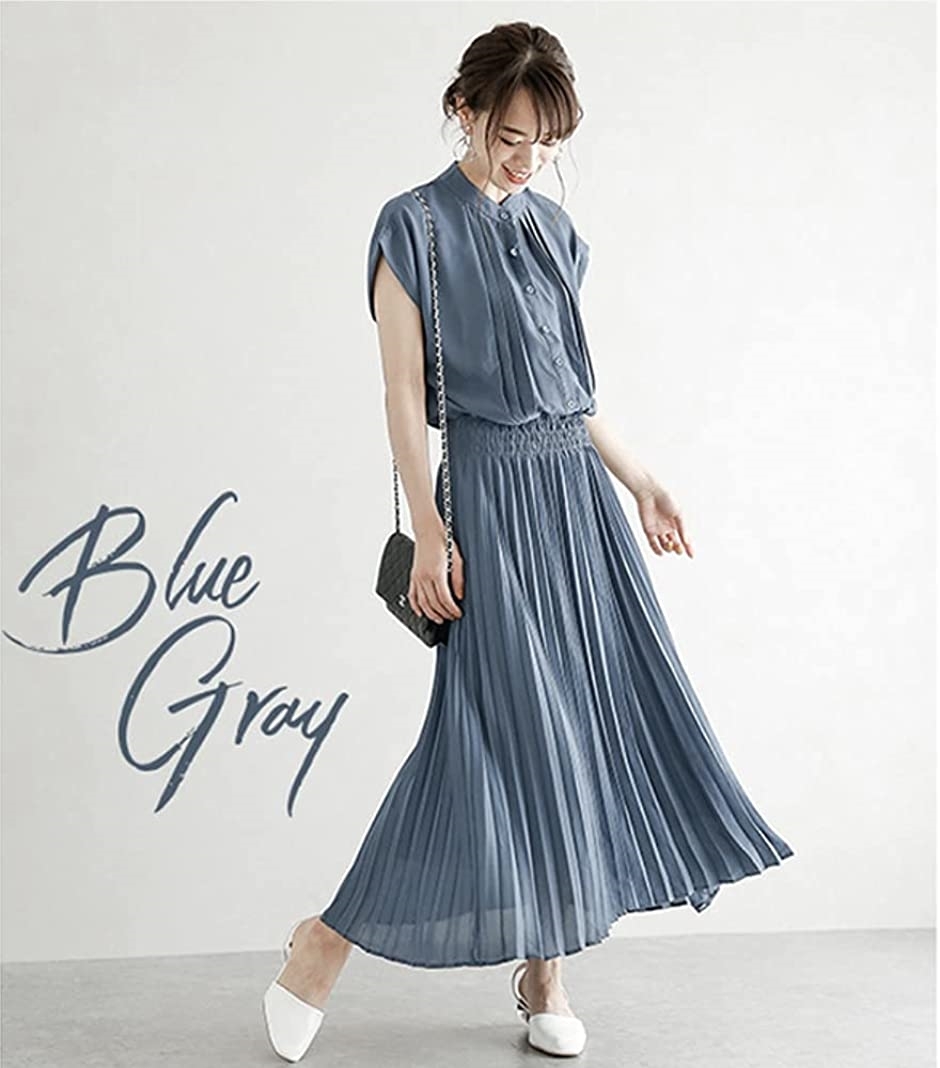 ロングワンピース 春 夏 プリーツ シフォン フレンチスリーブ ウエストマーク ブルーグレー L ホリック Paypayモール店 通販 Paypayモール