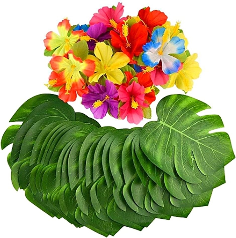  hibiscus artificial flower monstera leaf Hawaii equipment ornament party decoration Nankoku burr leaf ( artificial flower 24 piece + monstera leaf 30 pieces set )