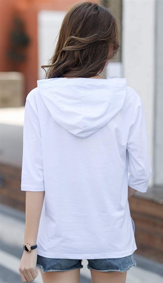パーカー Tシャツ カットソー フード 付き 半袖 薄手 6分袖 フーディー レディース(ホワイト, L) :2B4HJ9K14U:スピード発送 ホリック 通販 フード付きカットソー