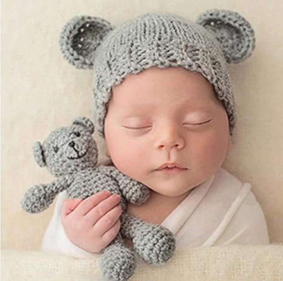 ワズチヨ ニューボーンフォト 小物 毛糸 赤ちゃん 信用 ベビー 撮影 小道具 テディベア アイボリー ニット帽子 2点 人形 セット 用