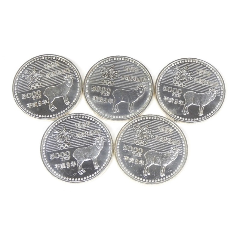  Nagano Olympic commemorative coin 5 thousand jpy silver coin 5 pieces set memory money Heisei era 9 year ice hockey [ used ](65122)