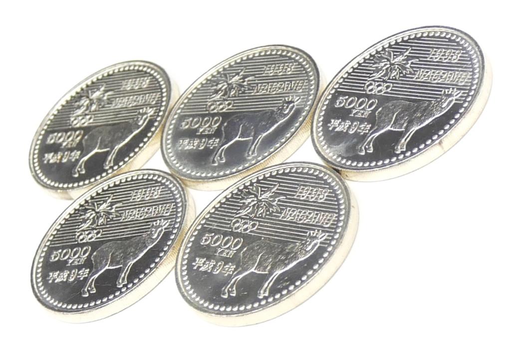  Nagano Olympic commemorative coin 5 thousand jpy silver coin 5 pieces set memory money Heisei era 9 year ice hockey [ used ](65122)