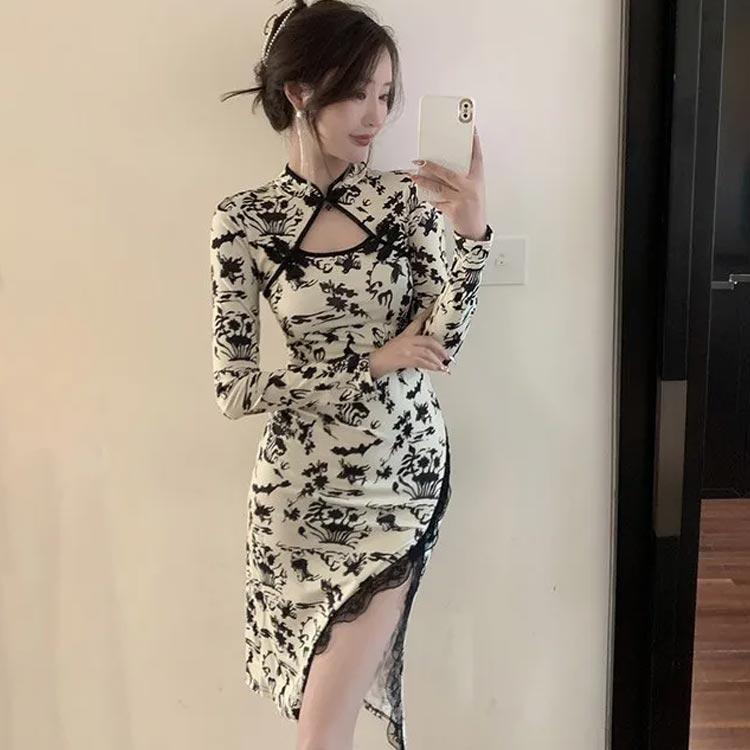  платье в китайском стиле коричневый ina одежда женский платье в китайском стиле длинный рукав короткий рукав тугой One-piece длинный One-piece колени длина гонки боковой разрез общий рисунок китайский dore