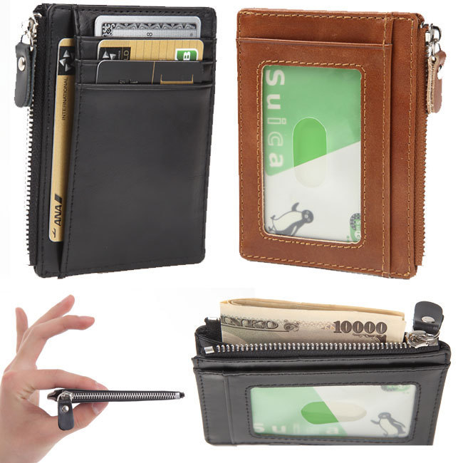  pass case ticket holder original leather zipper attaching coins thin type slim small purse lady's men's stylish 