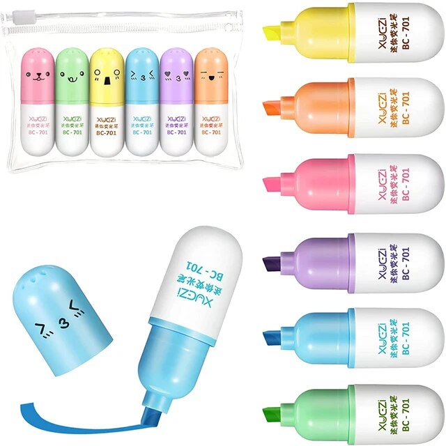  high re* 6 piece lovely Mini circle medicine highlighter lovely .... laughing face fluorescence marker pen school office stationery supplie