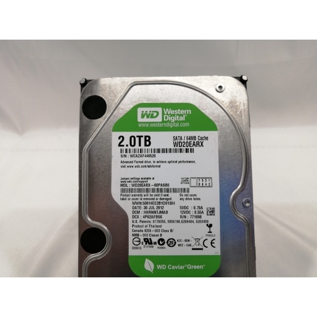 [ б/у ]W.D. WD20EARX WD Green 2TB/ вращение число заменяемый /64MB/6Gbps[ Osaka головной офис ] гарантийный срок 1 неделя 