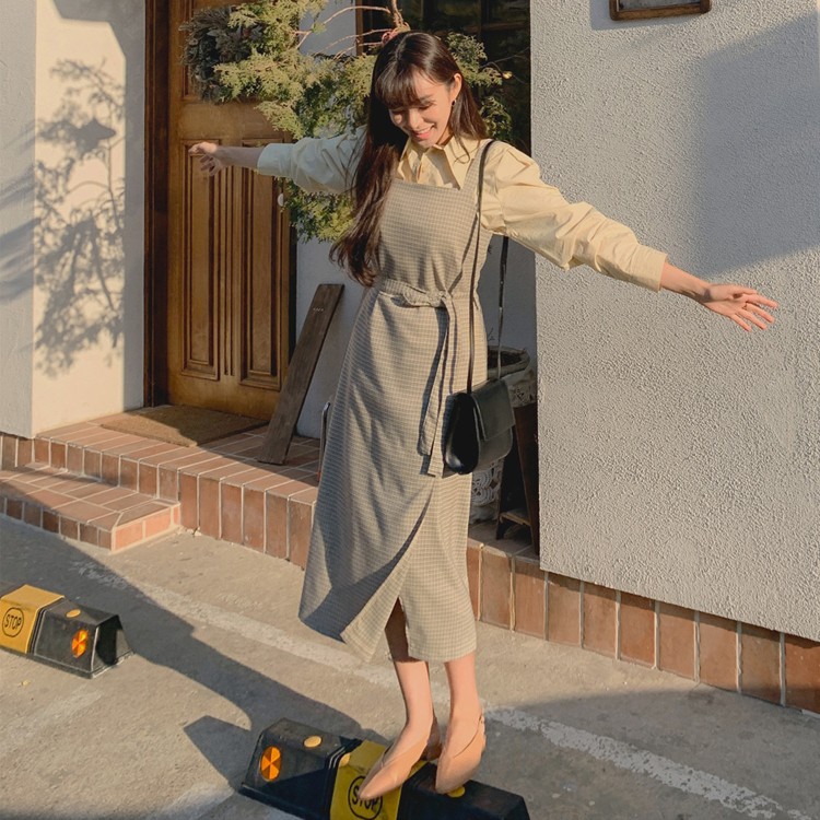 ワンピース チェック柄 ミモレ丈 レディース Aライン 韓国 送料無料 ジョイフィール joyfeel