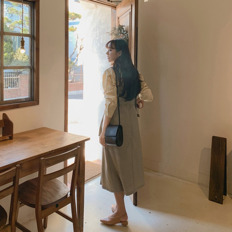 ワンピース チェック柄 ミモレ丈 レディース Aライン 韓国 送料無料 ジョイフィール joyfeel