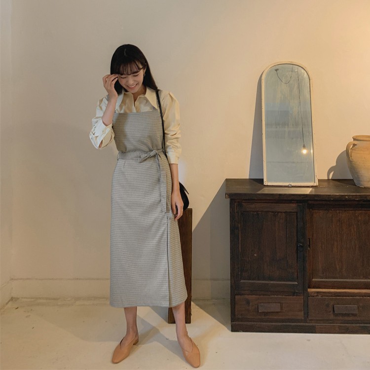 ワンピース チェック柄 ミモレ丈 レディース Aライン 韓国 送料無料 ジョイフィール joyfeel