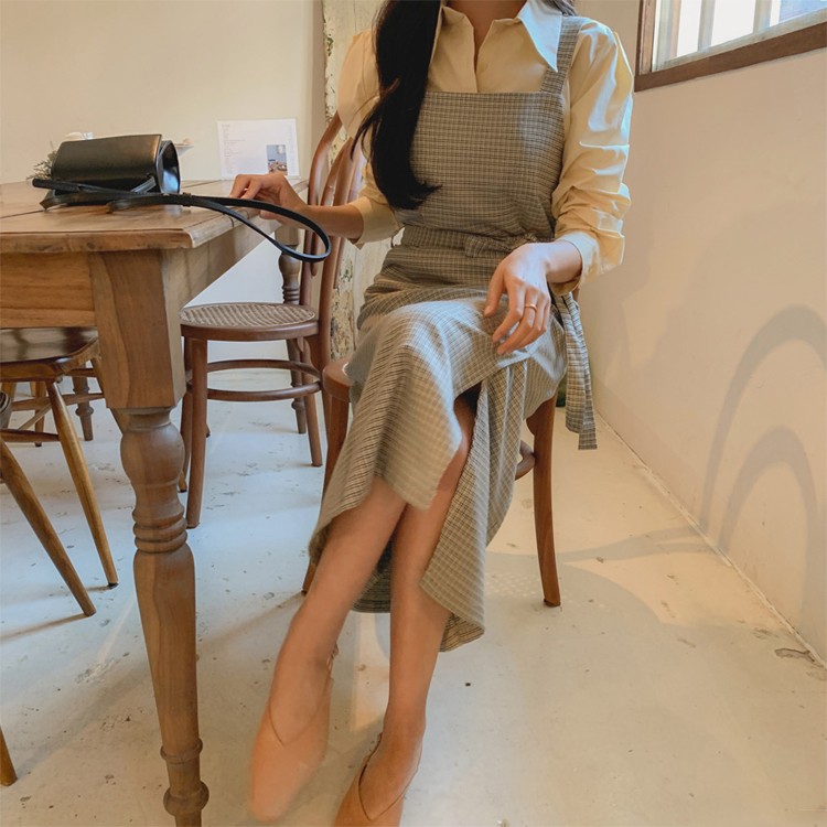 ワンピース チェック柄 ミモレ丈 レディース Aライン 韓国 送料無料 ジョイフィール joyfeel