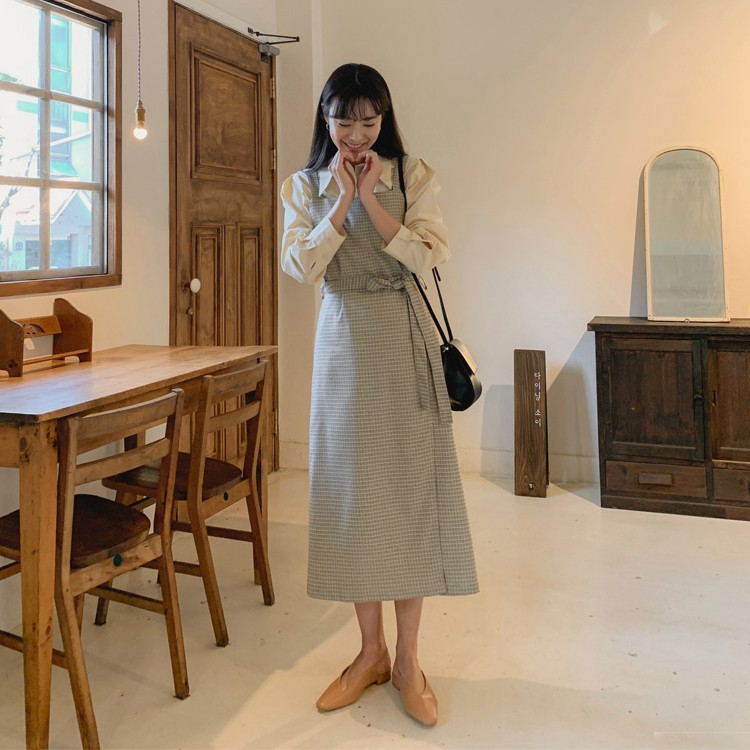 ワンピース チェック柄 ミモレ丈 レディース Aライン 韓国 送料無料 ジョイフィール joyfeel