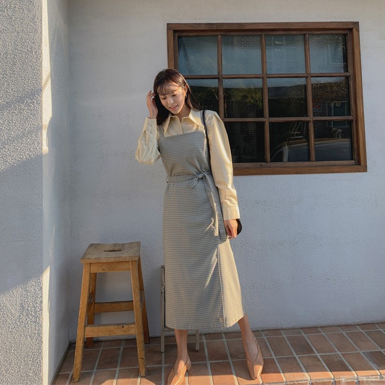 ワンピース チェック柄 ミモレ丈 レディース Aライン 韓国 送料無料 ジョイフィール joyfeel