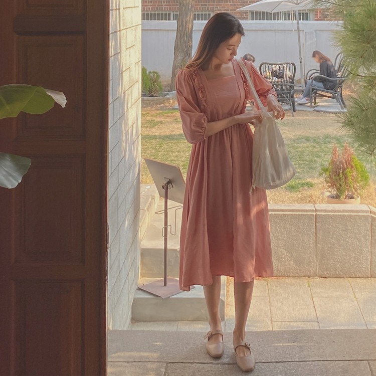 ワンピース 膝丈 フリル ガーリー フェミニン レディース 韓国ファッション 送料無料 ジョイフィール joyfeel