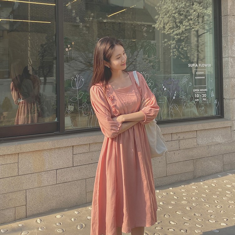 ワンピース 膝丈 フリル ガーリー フェミニン レディース 韓国ファッション 送料無料 ジョイフィール joyfeel