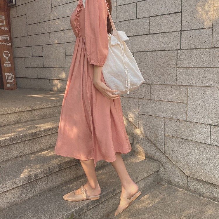 ワンピース 膝丈 フリル ガーリー フェミニン レディース 韓国ファッション 送料無料 ジョイフィール joyfeel