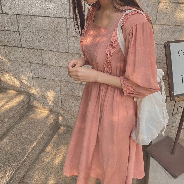 ワンピース 膝丈 フリル ガーリー フェミニン レディース 韓国ファッション 送料無料 ジョイフィール joyfeel