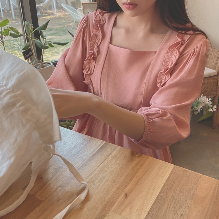 ワンピース 膝丈 フリル ガーリー フェミニン レディース 韓国ファッション 送料無料 ジョイフィール joyfeel