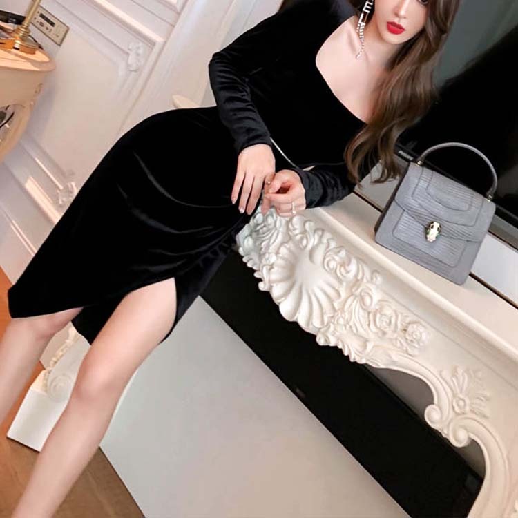 ドレスレディース 長袖 ベロア ベルベット 膝丈 スリット スクエアネック ワンピース セクシー エレガント ブラック 黒 キャバドレス

 Dazzle ダズル