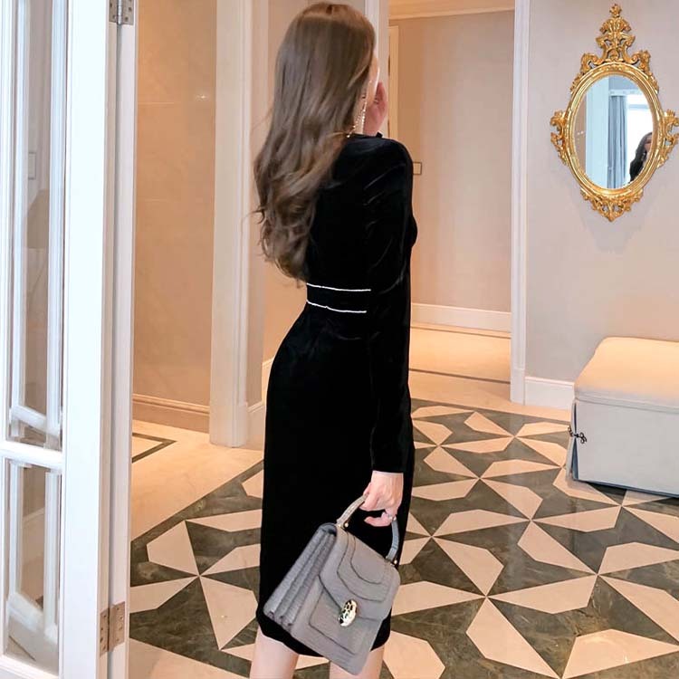 ドレスレディース 長袖 ベロア ベルベット 膝丈 スリット スクエアネック ワンピース セクシー エレガント ブラック 黒 キャバドレス

 Dazzle ダズル