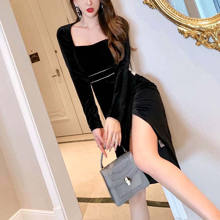 ドレスレディース 長袖 ベロア ベルベット 膝丈 スリット スクエアネック ワンピース セクシー エレガント ブラック 黒 キャバドレス

 Dazzle ダズル