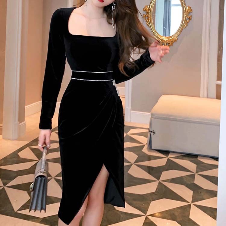 ドレスレディース 長袖 ベロア ベルベット 膝丈 スリット スクエアネック ワンピース セクシー エレガント ブラック 黒 キャバドレス

 Dazzle ダズル