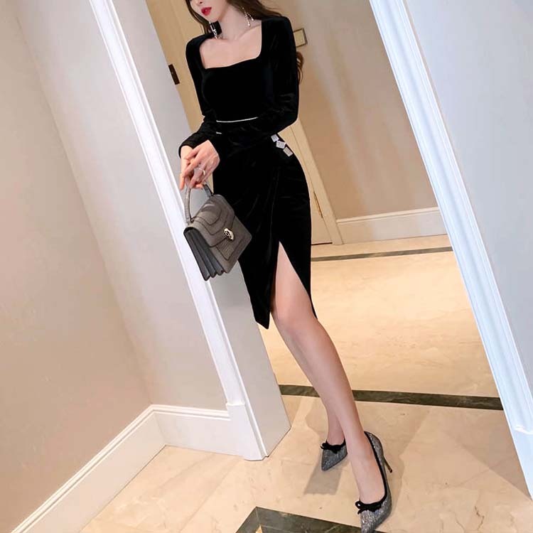 ドレスレディース 長袖 ベロア ベルベット 膝丈 スリット スクエアネック ワンピース セクシー エレガント ブラック 黒 キャバドレス

 Dazzle ダズル