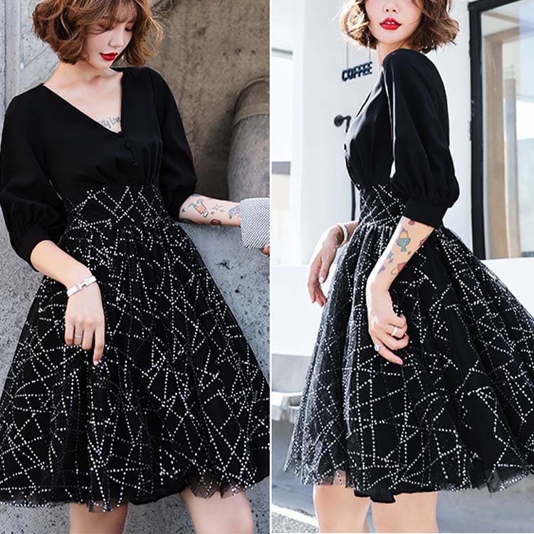 ドレス レディース パーティードレス ショート丈 チュール 5分袖 袖あり Vネック イブニングドレス フレア 切り替え パーティー 体系カバー 謝恩会

 ジョイフィール joyfeel