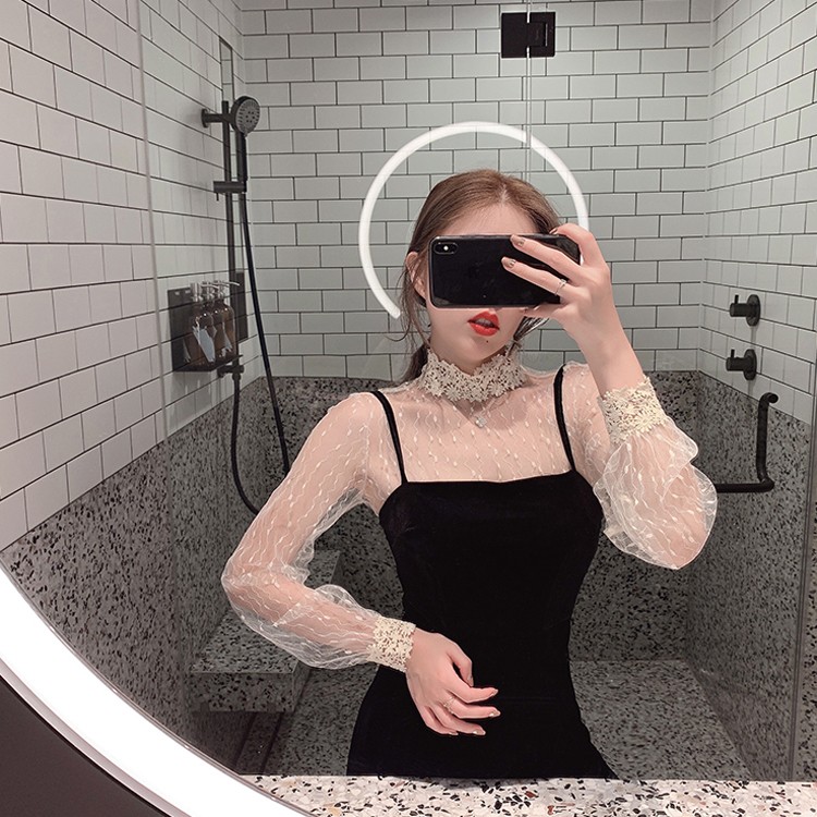 ハイネック レース インナー レディース ブラウス シースルー トップス 韓国 送料無料 Dazzle ダズル