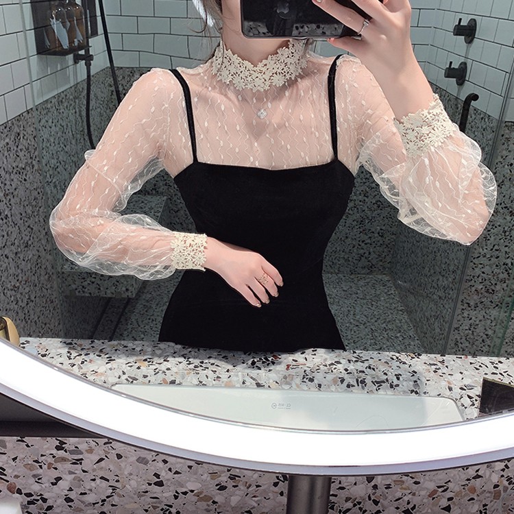 ハイネック レース インナー レディース ブラウス シースルー トップス 韓国 送料無料 Dazzle ダズル