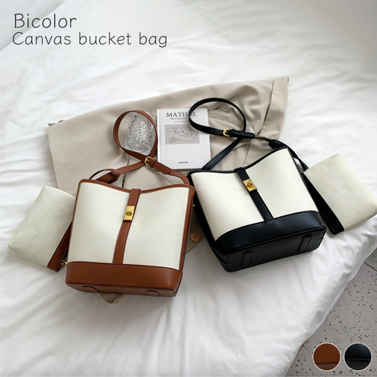バケツバッグ レディース ショルダーバッグ キャンパス レザー ポーチ 斜め掛け 大容量 キャンバスバッグ 収納 仕切り バイカラー おしゃれ カジュアル Dazzle ダズル