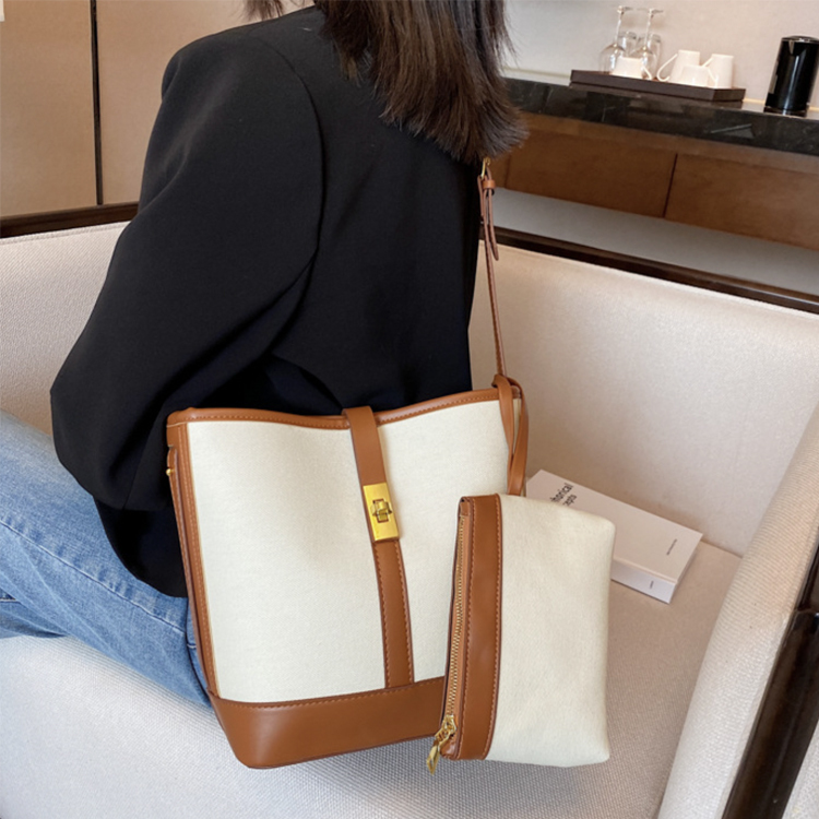 バケツバッグ レディース ショルダーバッグ キャンパス レザー ポーチ 斜め掛け 大容量 キャンバスバッグ 収納 仕切り バイカラー おしゃれ カジュアル Dazzle ダズル