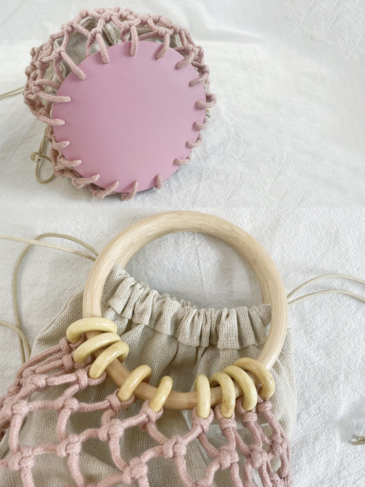 バッグ レディース 編みバッグ 編み メッシュ ウッドハンドル ハンドバッグ 巾着 かごバッグ サークル カジュアル ビーチ おしゃれ Dazzle ダズル