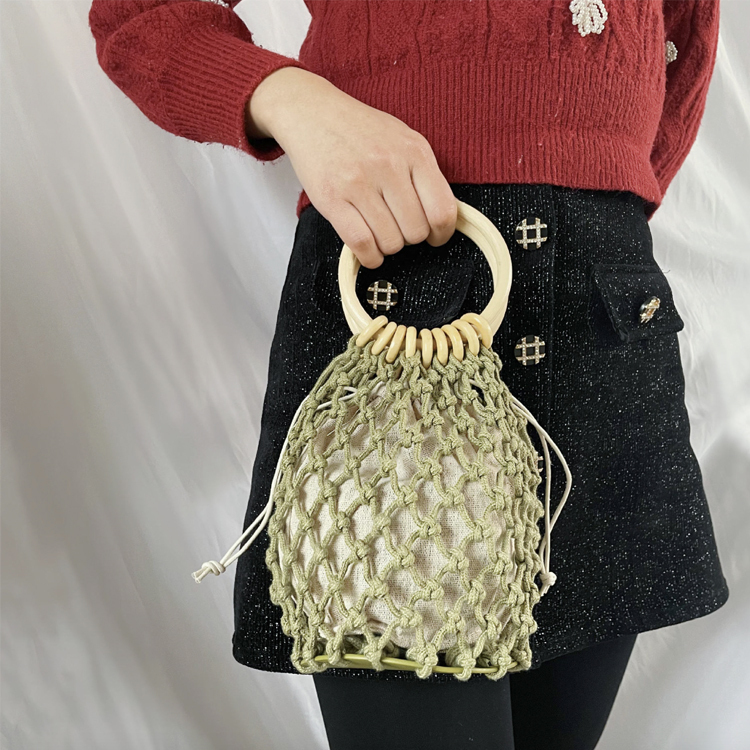 バッグ レディース 編みバッグ 編み メッシュ ウッドハンドル ハンドバッグ 巾着 かごバッグ サークル カジュアル ビーチ おしゃれ Dazzle ダズル