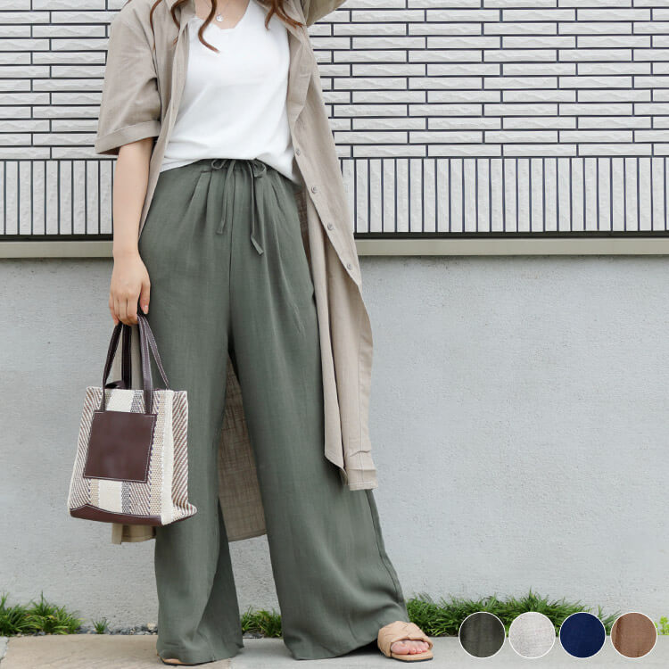 ロングパンツ ゆったり レディース ワイド リネン ベージュ 麻 韓国 送料無料 Dazzle ダズル